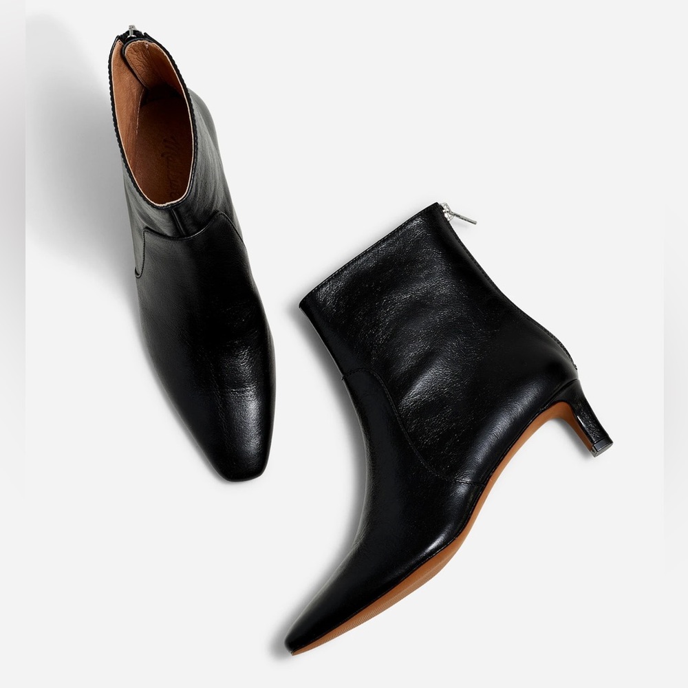Madewell The Dimes Kitten Heel Boot in Black Crinkle Leather Size 6.5 $198